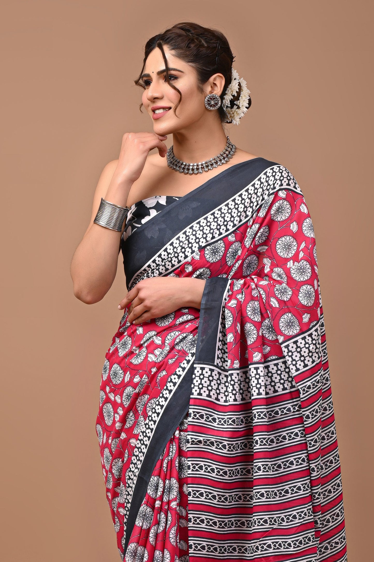 Jaipuri Printed Pure Cotton Mulmul Saree With Blouse