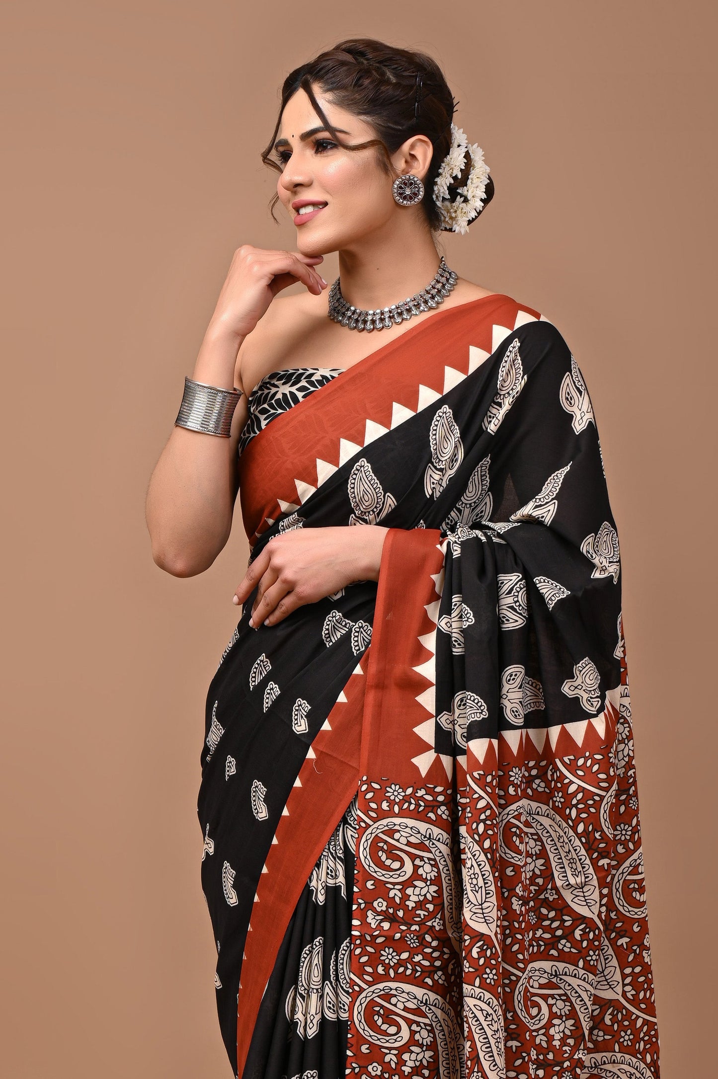 Jaipuri Printed Pure Cotton Mulmul Saree With Blouse