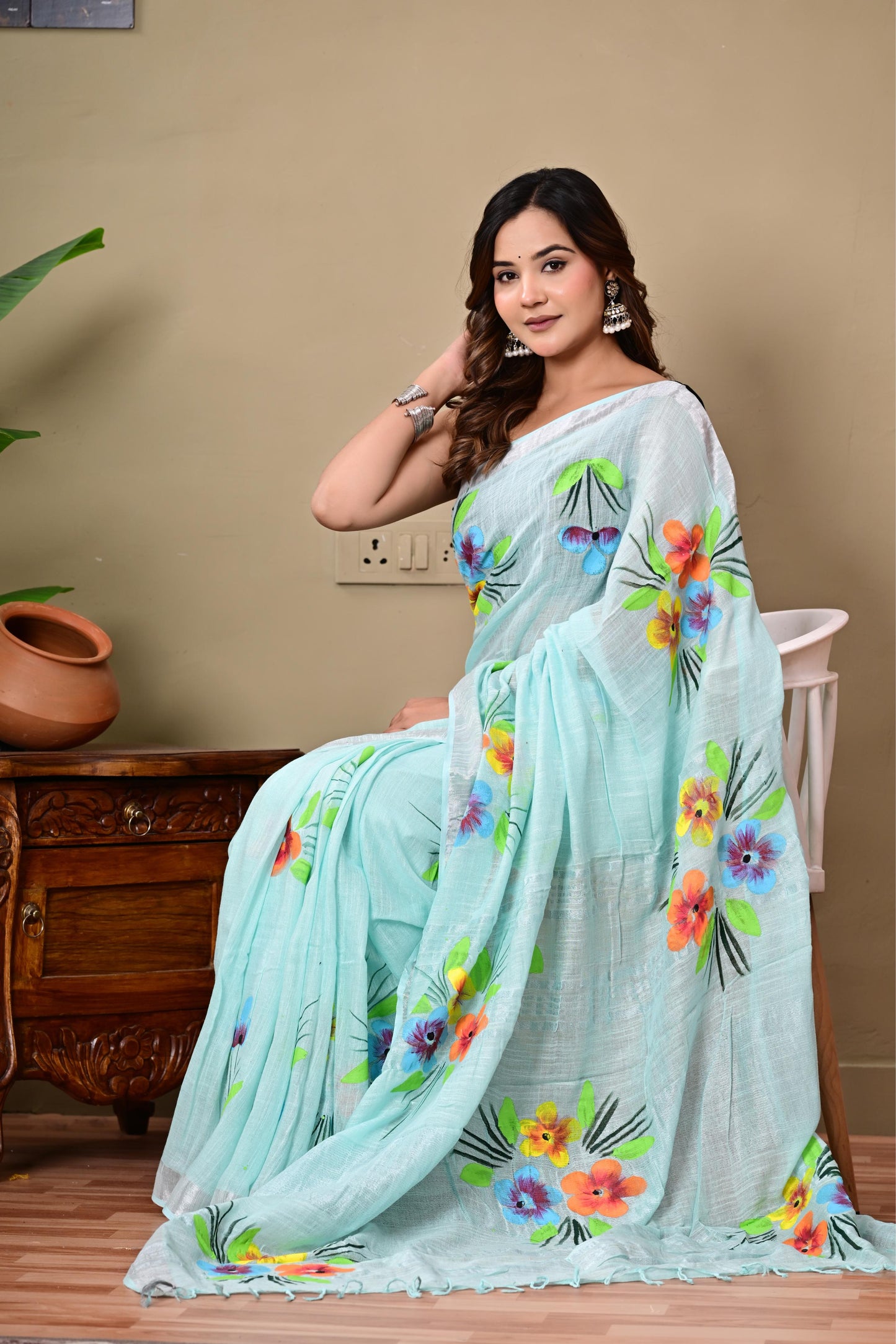 Block Printed Cotton linen Saree With Unstiched Blouse