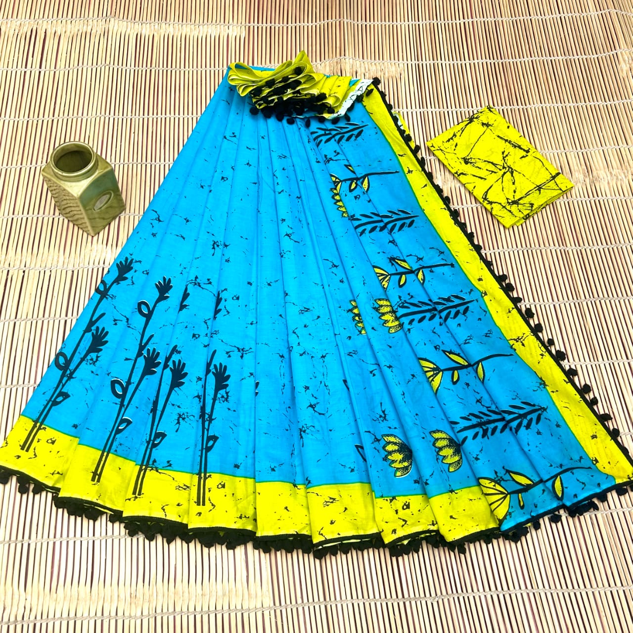 Printed Pure Cotton Mulmul Saree With PomPom Lace