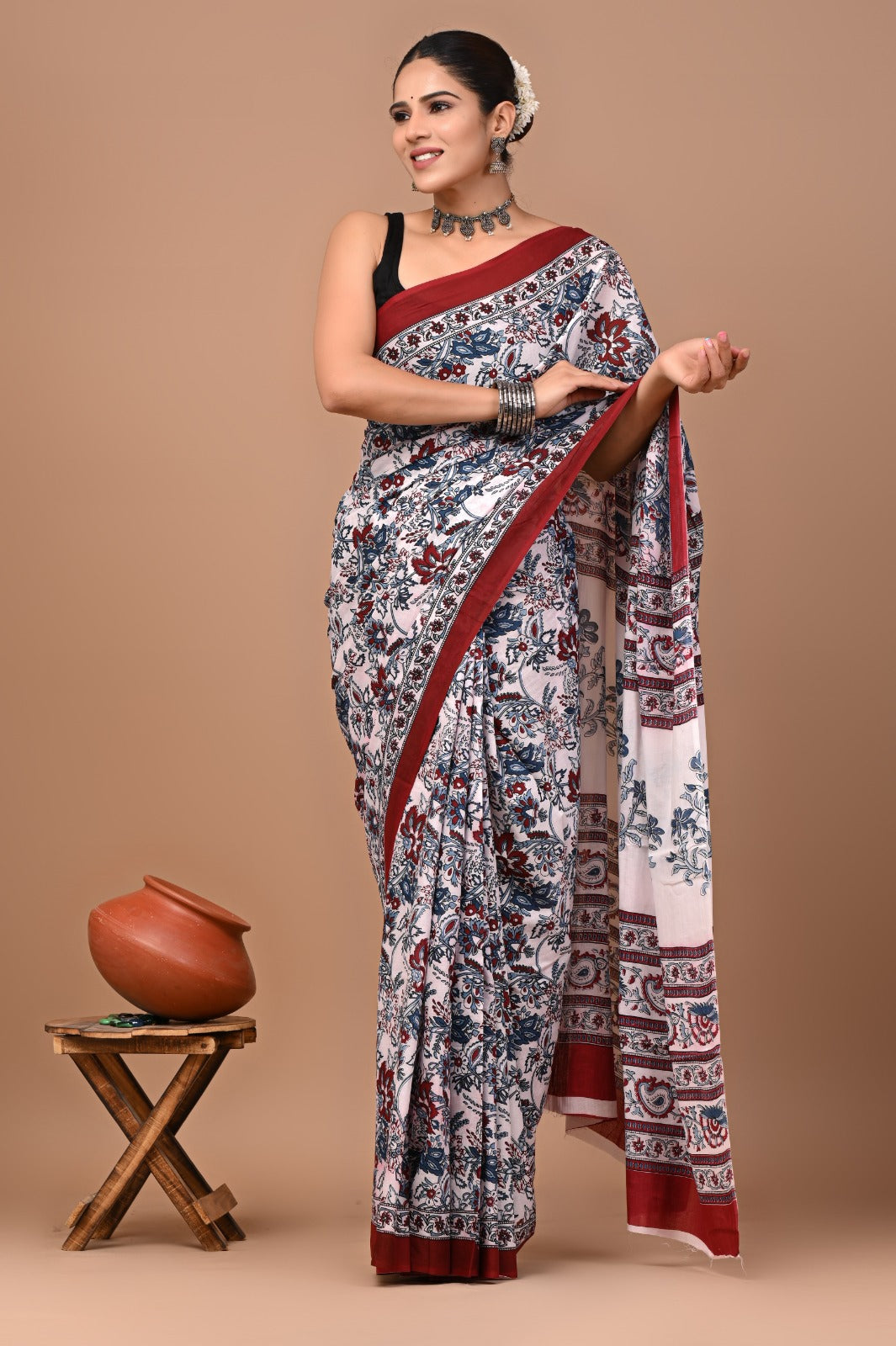 Jaipuri Printed Pure Cotton Mulmul Saree With Blouse