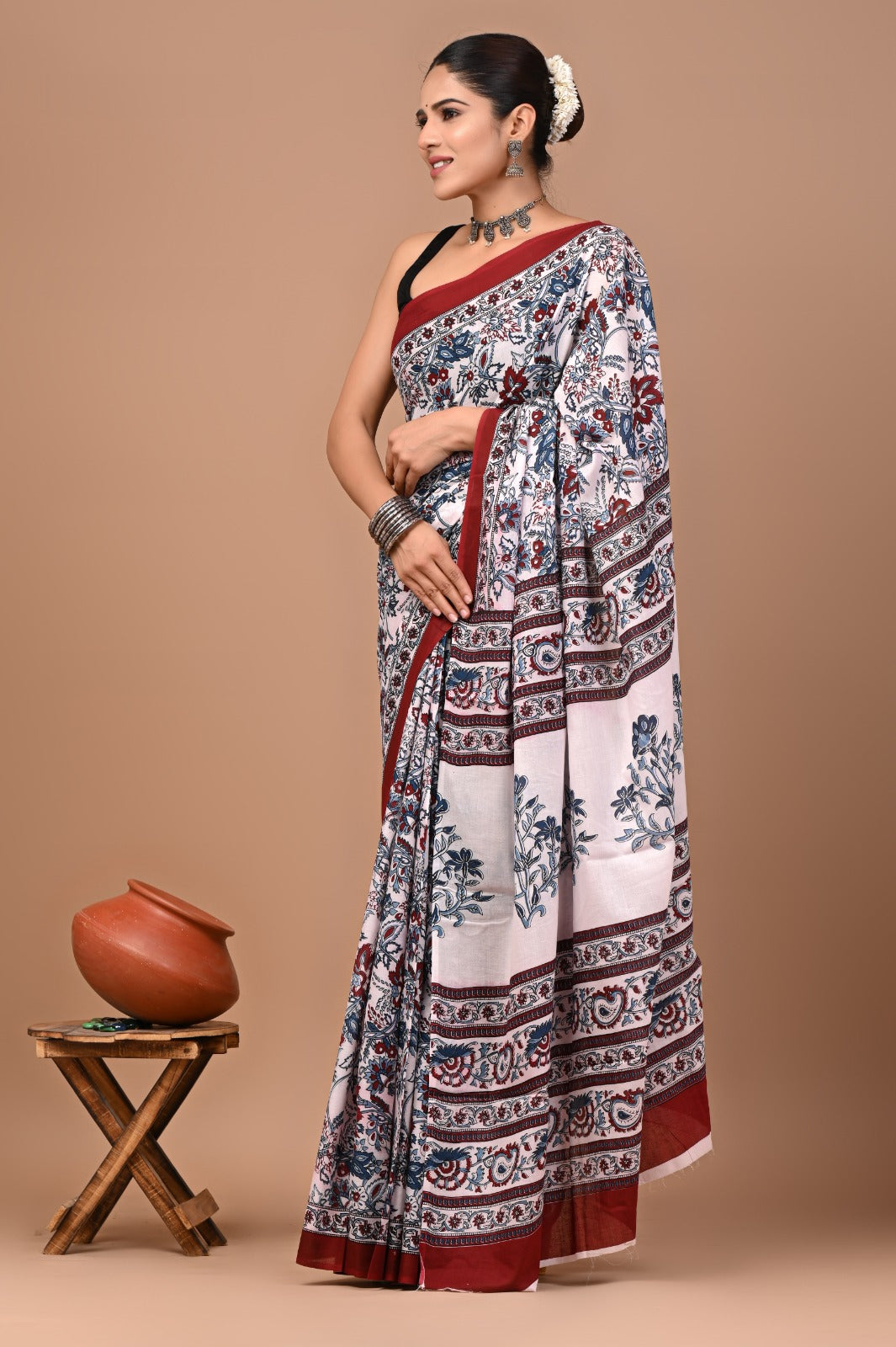 Jaipuri Printed Pure Cotton Mulmul Saree With Blouse