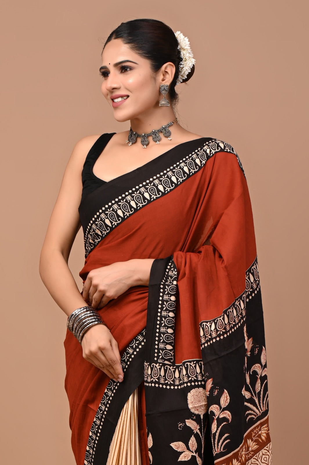 Jaipuri Printed Pure Cotton Mulmul Saree With Blouse