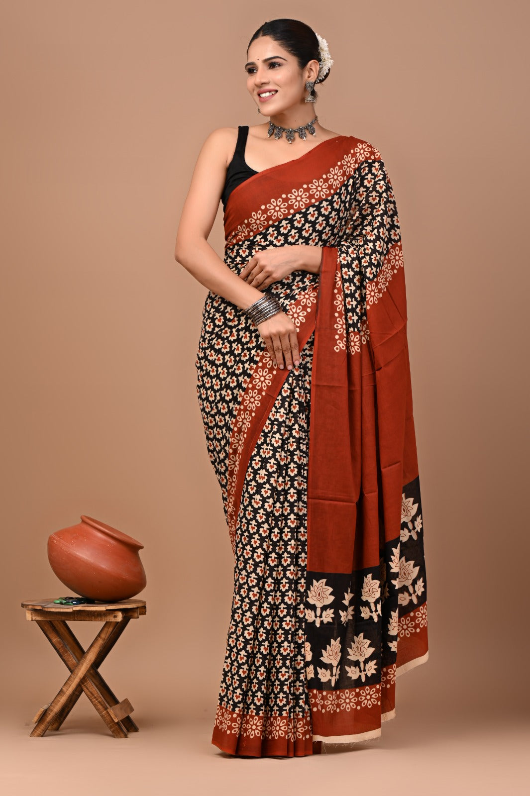 Jaipuri Printed Pure Cotton Mulmul Saree With Blouse