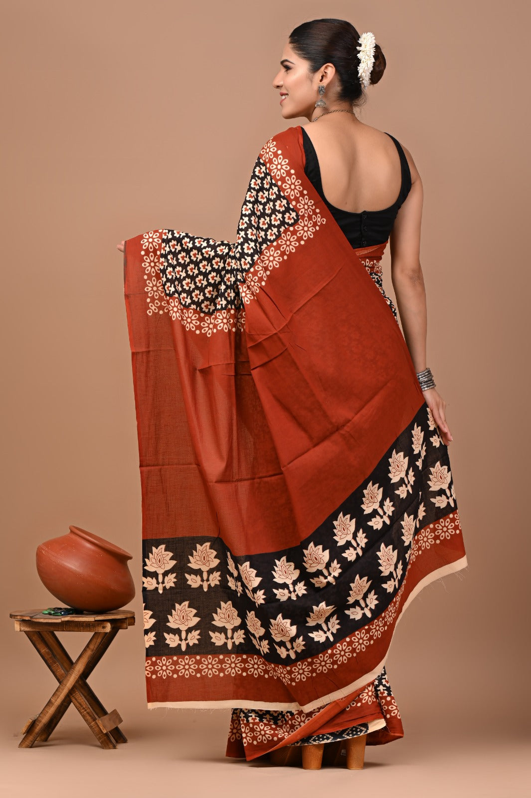 Jaipuri Printed Pure Cotton Mulmul Saree With Blouse