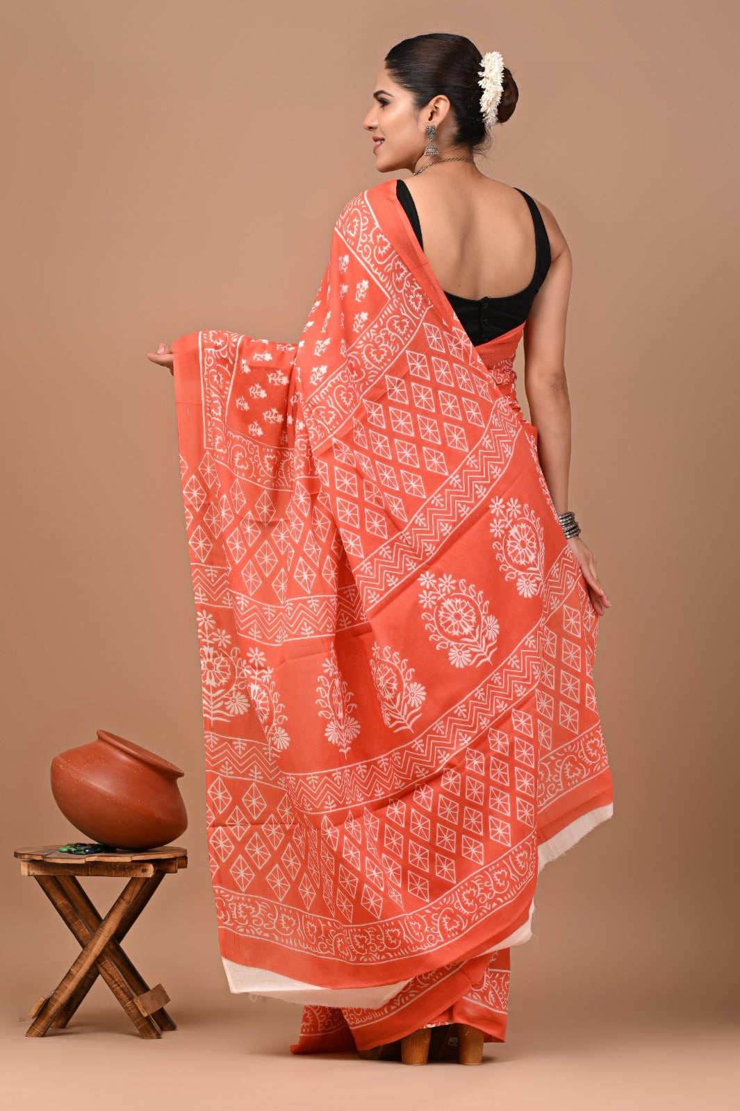 Jaipuri Printed Pure Cotton Mulmul Saree With Blouse