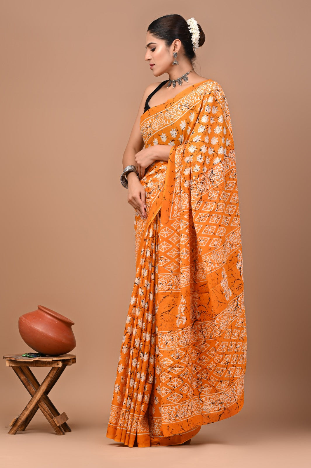 Jaipuri Printed Pure Cotton Mulmul Saree With Blouse