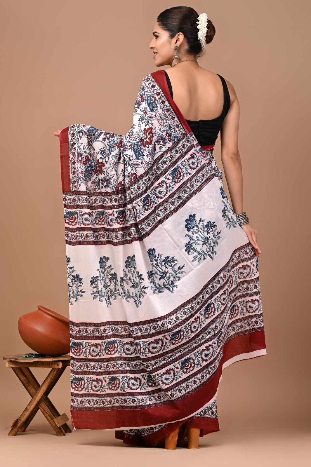Jaipuri Printed Pure Cotton Mulmul Saree With Blouse
