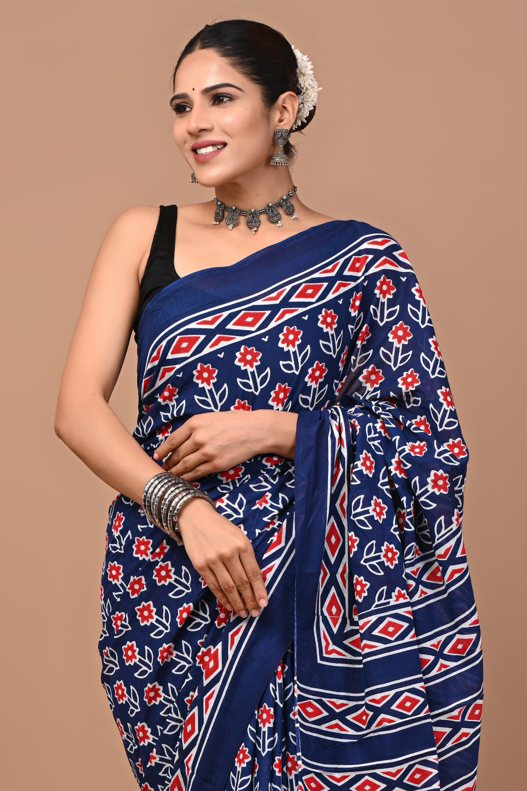 Jaipuri Printed Pure Cotton Mulmul Saree With Blouse