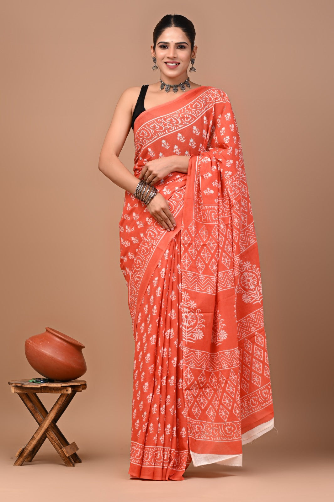 Jaipuri Printed Pure Cotton Mulmul Saree With Blouse