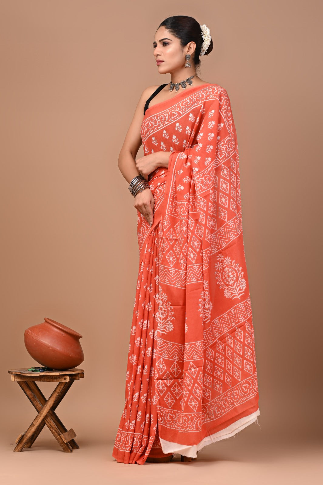 Jaipuri Printed Pure Cotton Mulmul Saree With Blouse