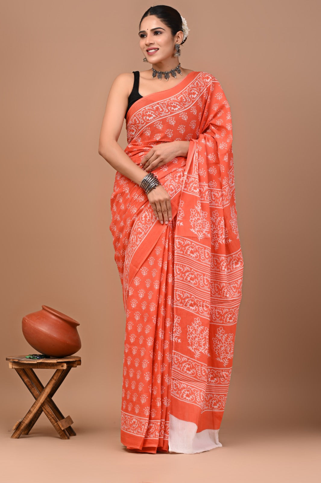 Jaipuri Printed Pure Cotton Mulmul Saree With Blouse