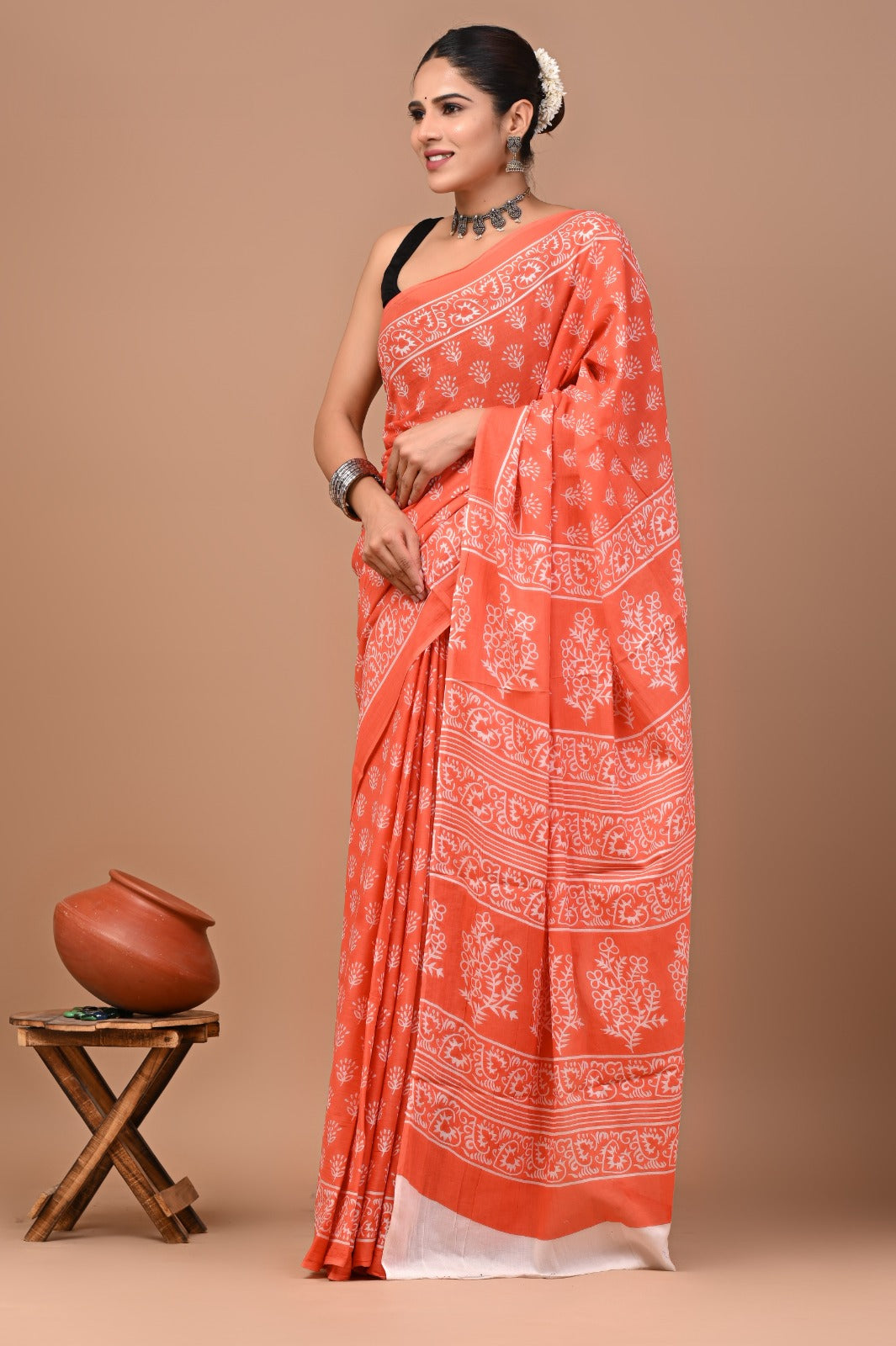 Jaipuri Printed Pure Cotton Mulmul Saree With Blouse
