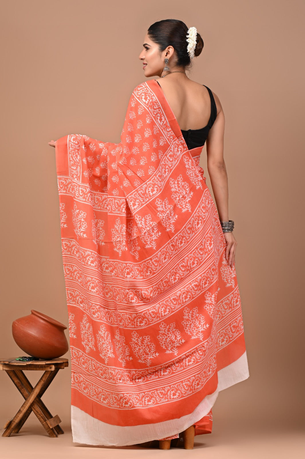 Jaipuri Printed Pure Cotton Mulmul Saree With Blouse