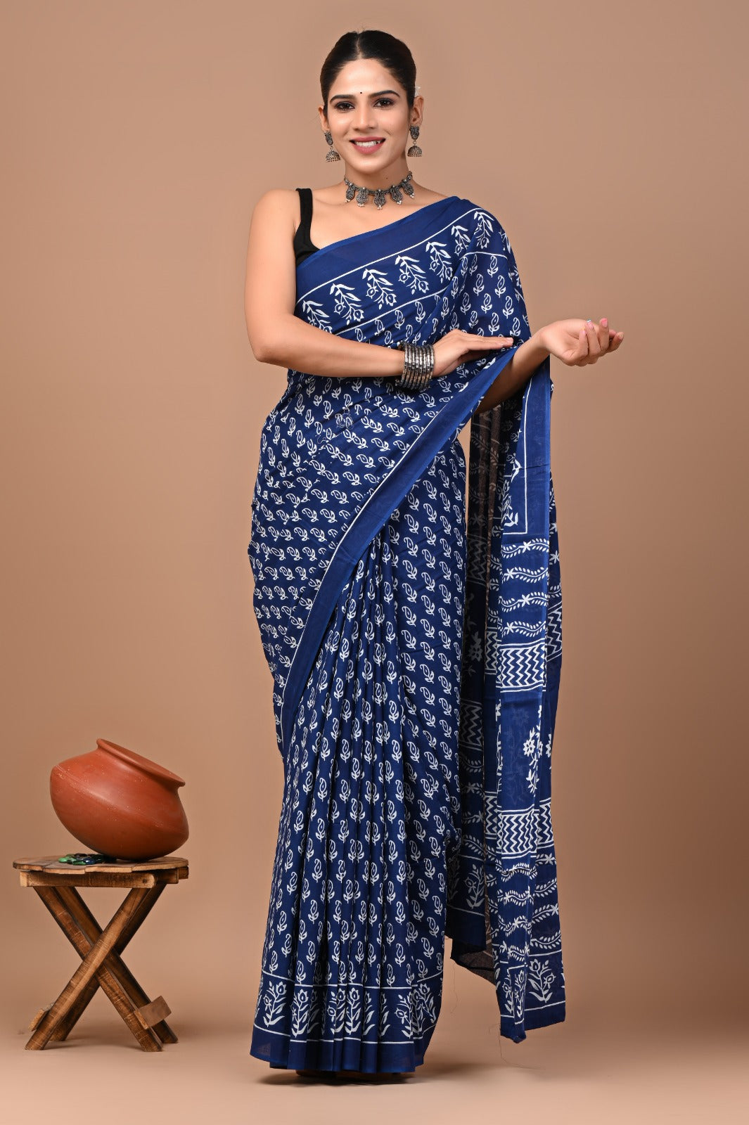 Jaipuri Printed Pure Cotton Mulmul Saree With Blouse