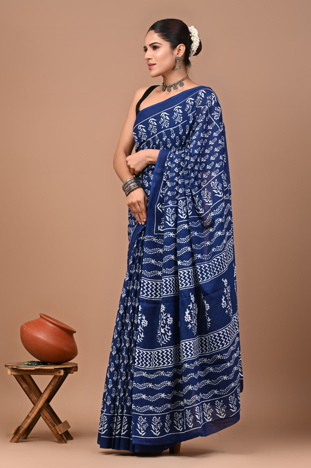 Jaipuri Printed Pure Cotton Mulmul Saree With Blouse