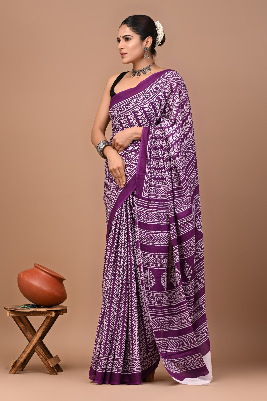 Jaipuri Printed Pure Cotton Mulmul Saree With Blouse