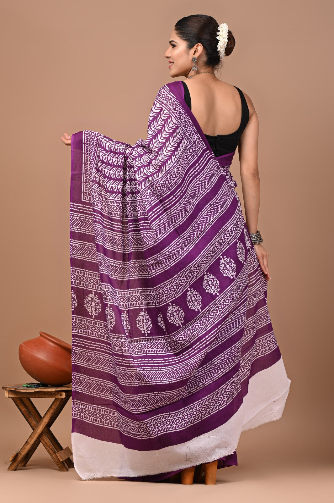 Jaipuri Printed Pure Cotton Mulmul Saree With Blouse