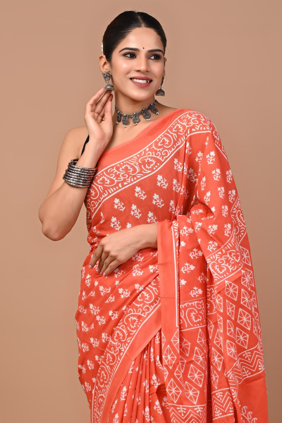 Jaipuri Printed Pure Cotton Mulmul Saree With Blouse