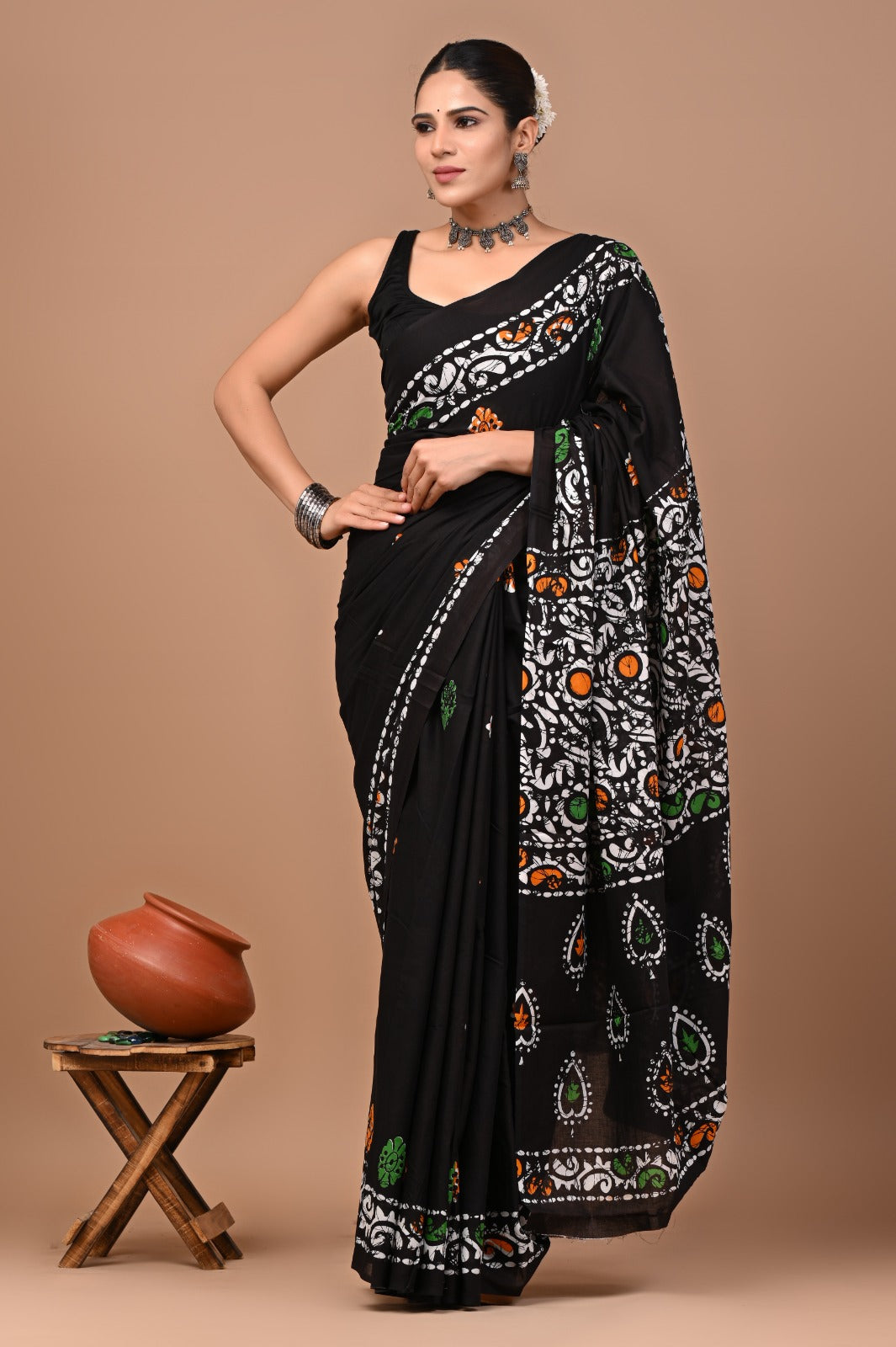 Jaipuri Printed Pure Cotton Mulmul Saree With Blouse
