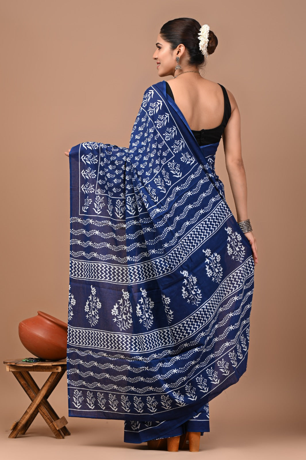 Jaipuri Printed Pure Cotton Mulmul Saree With Blouse