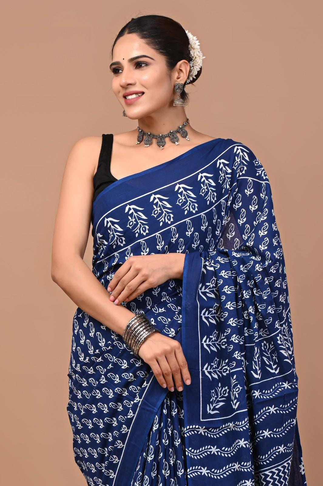 Jaipuri Printed Pure Cotton Mulmul Saree With Blouse