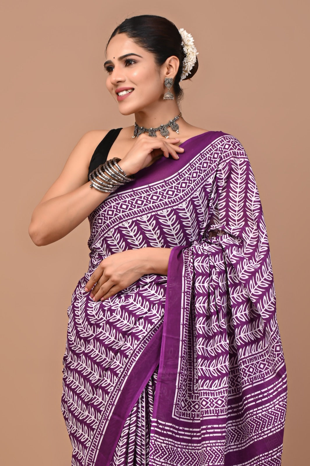 Jaipuri Printed Pure Cotton Mulmul Saree With Blouse