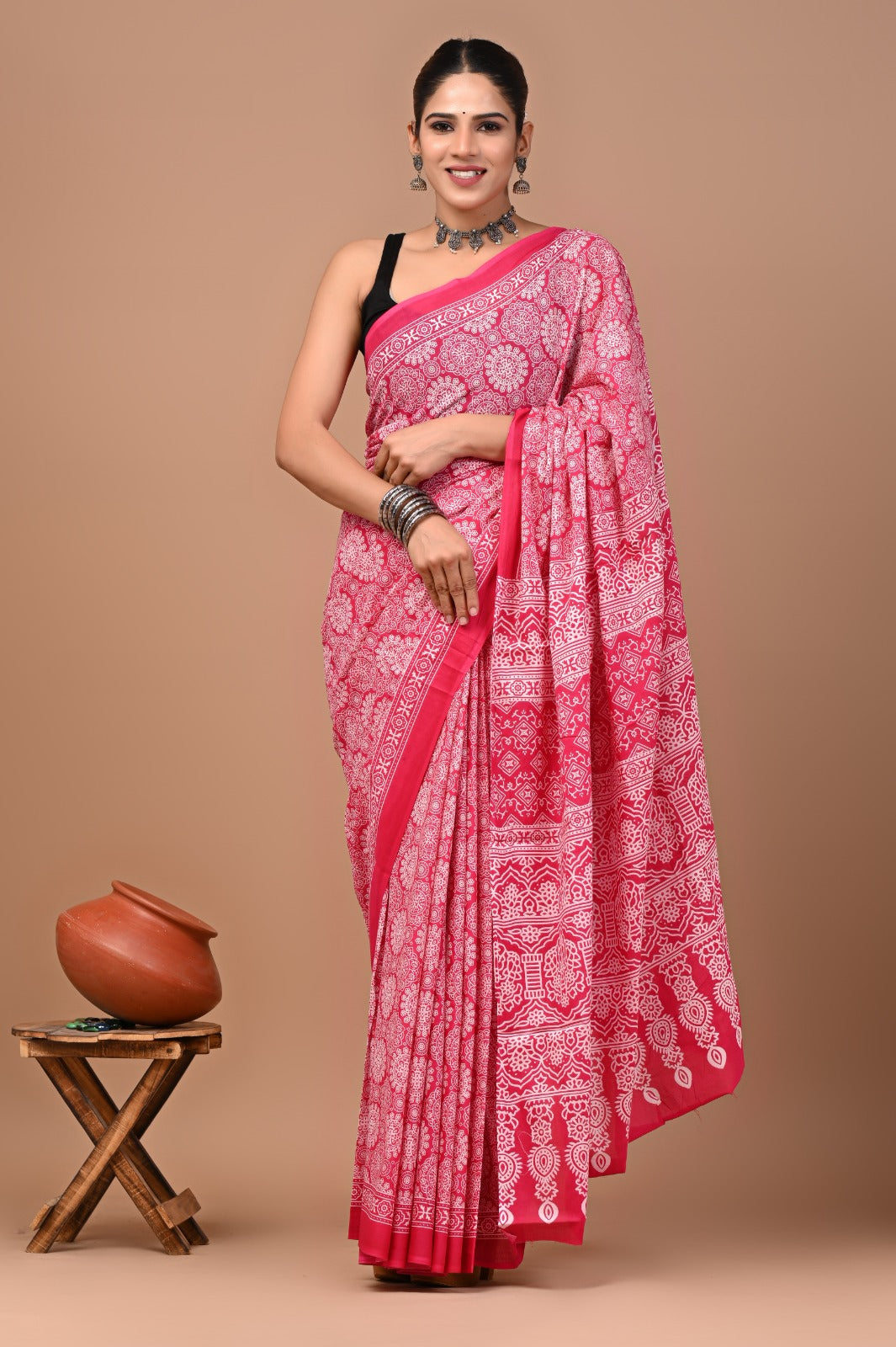 Jaipuri Printed Pure Cotton Mulmul Saree With Blouse