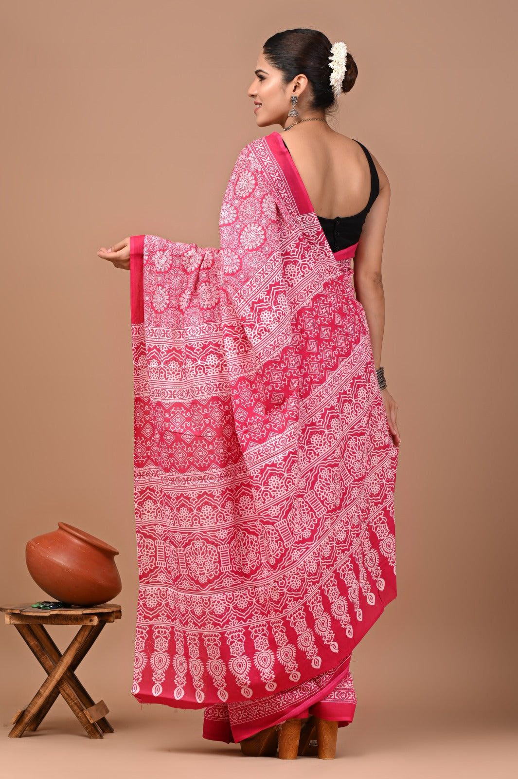 Jaipuri Printed Pure Cotton Mulmul Saree With Blouse