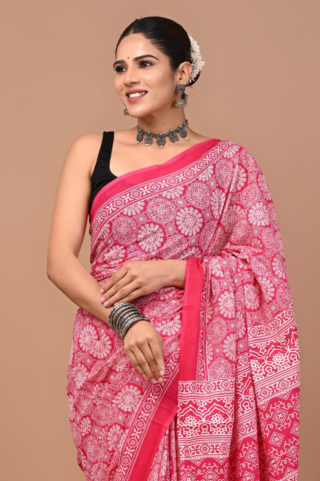 Jaipuri Printed Pure Cotton Mulmul Saree With Blouse
