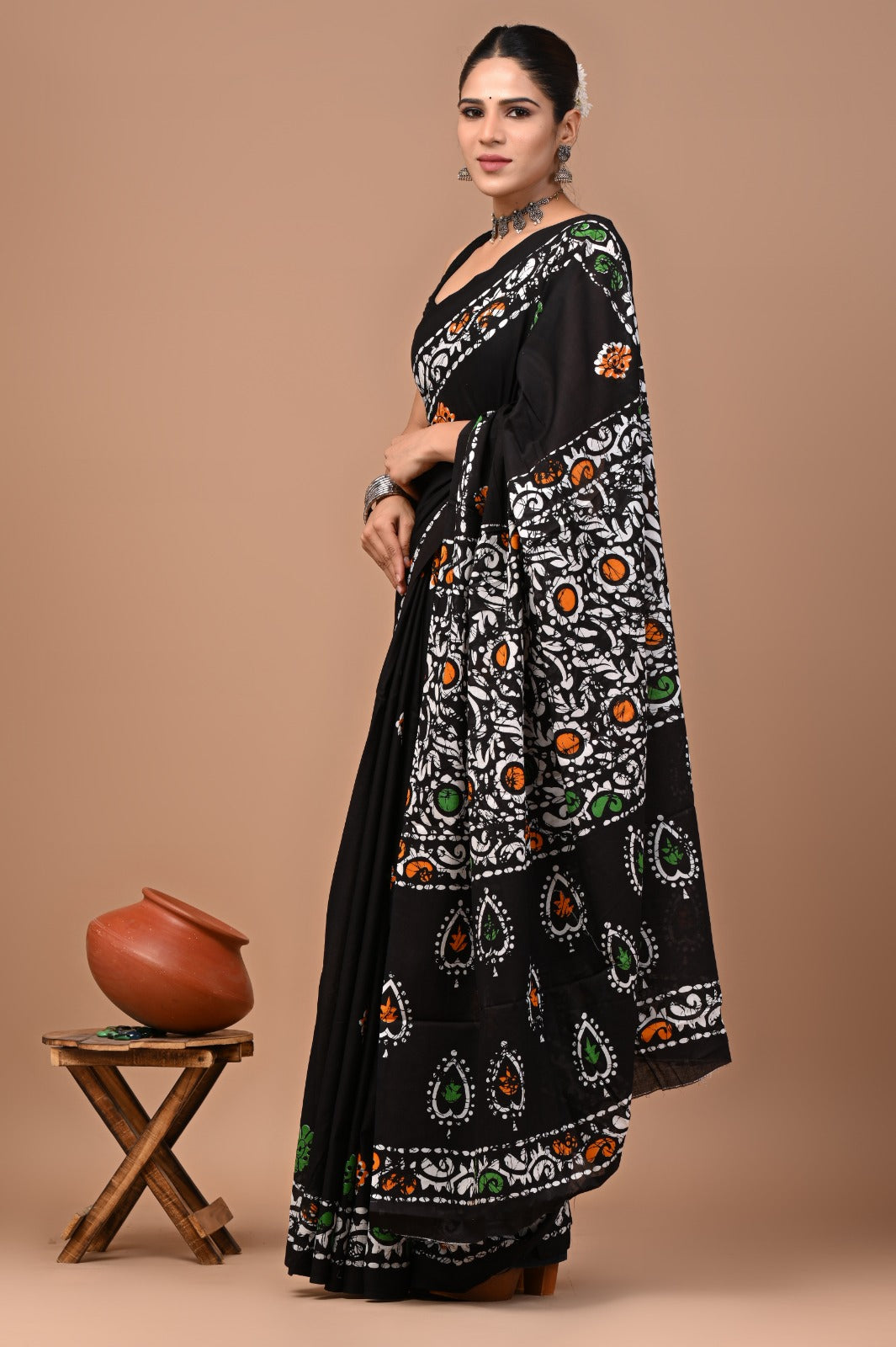 Jaipuri Printed Pure Cotton Mulmul Saree With Blouse