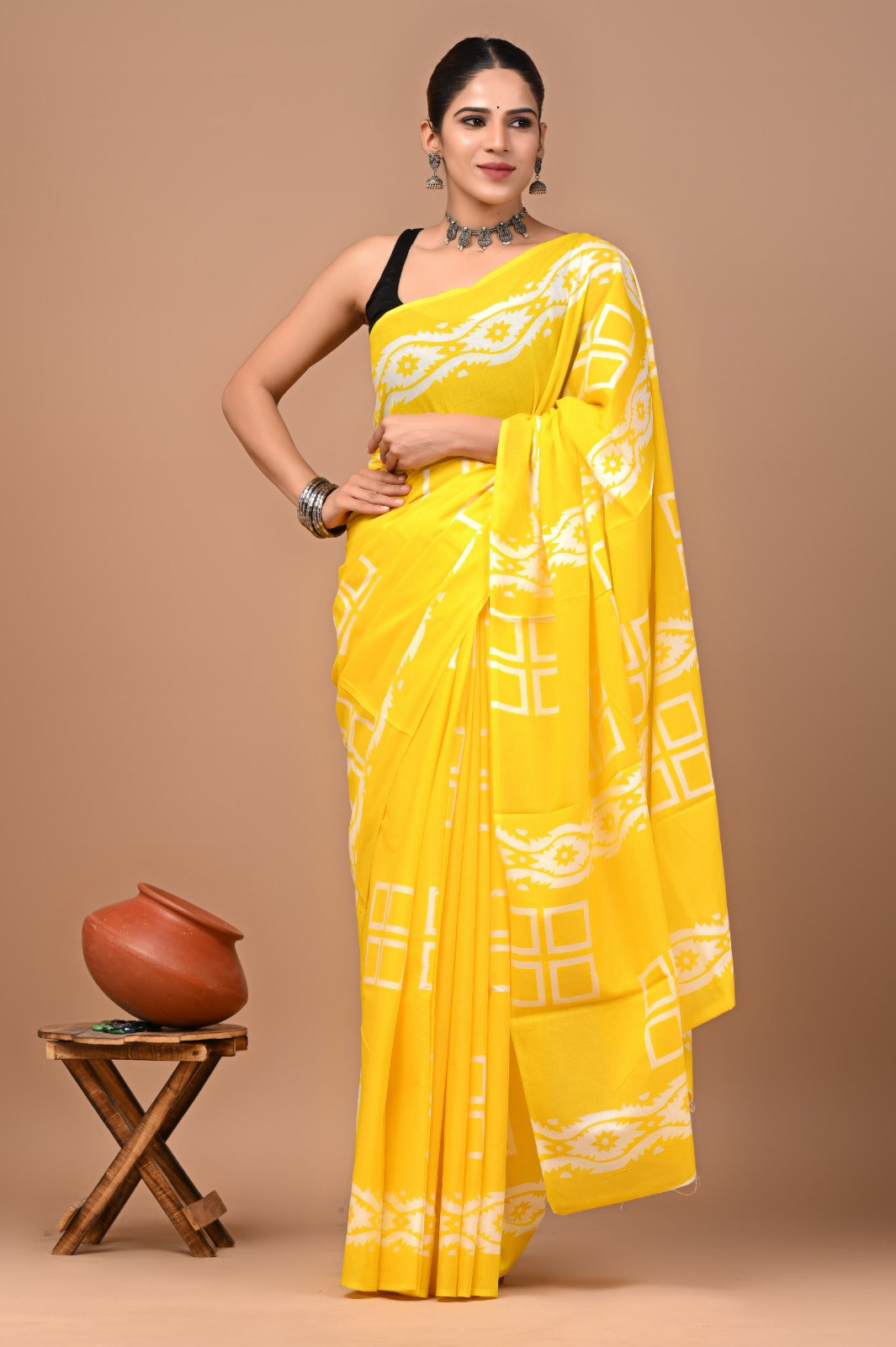 Jaipuri Printed Pure Cotton Mulmul Saree With Blouse