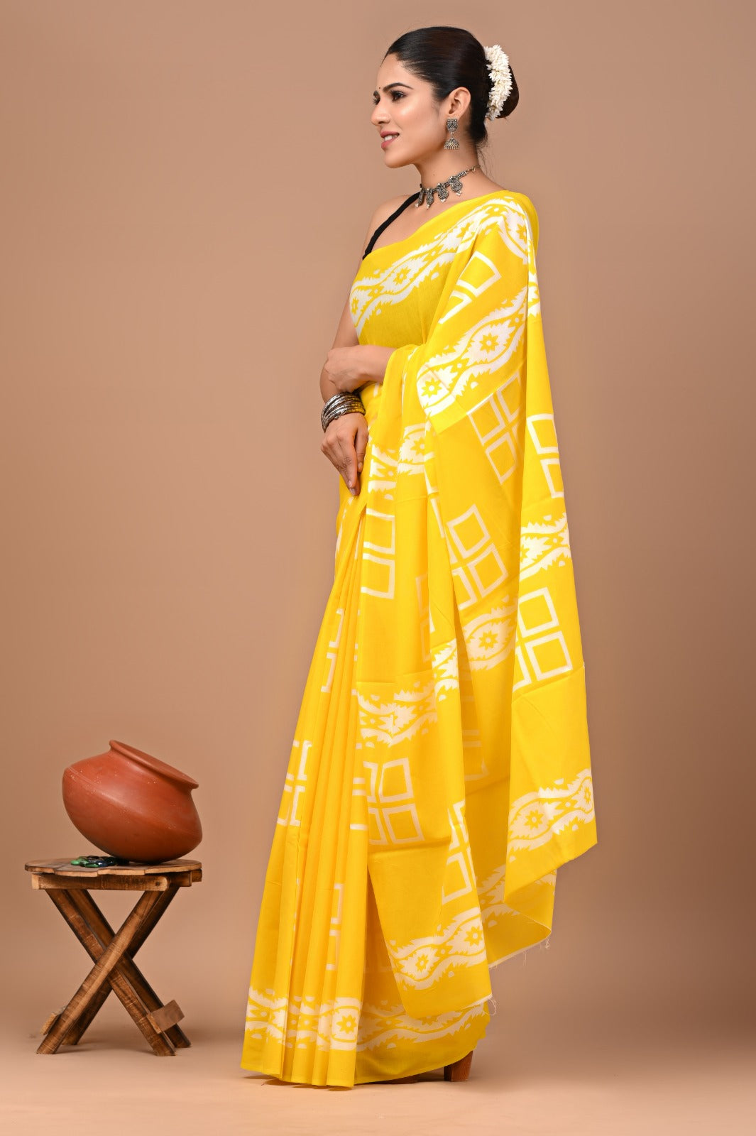 Jaipuri Printed Pure Cotton Mulmul Saree With Blouse