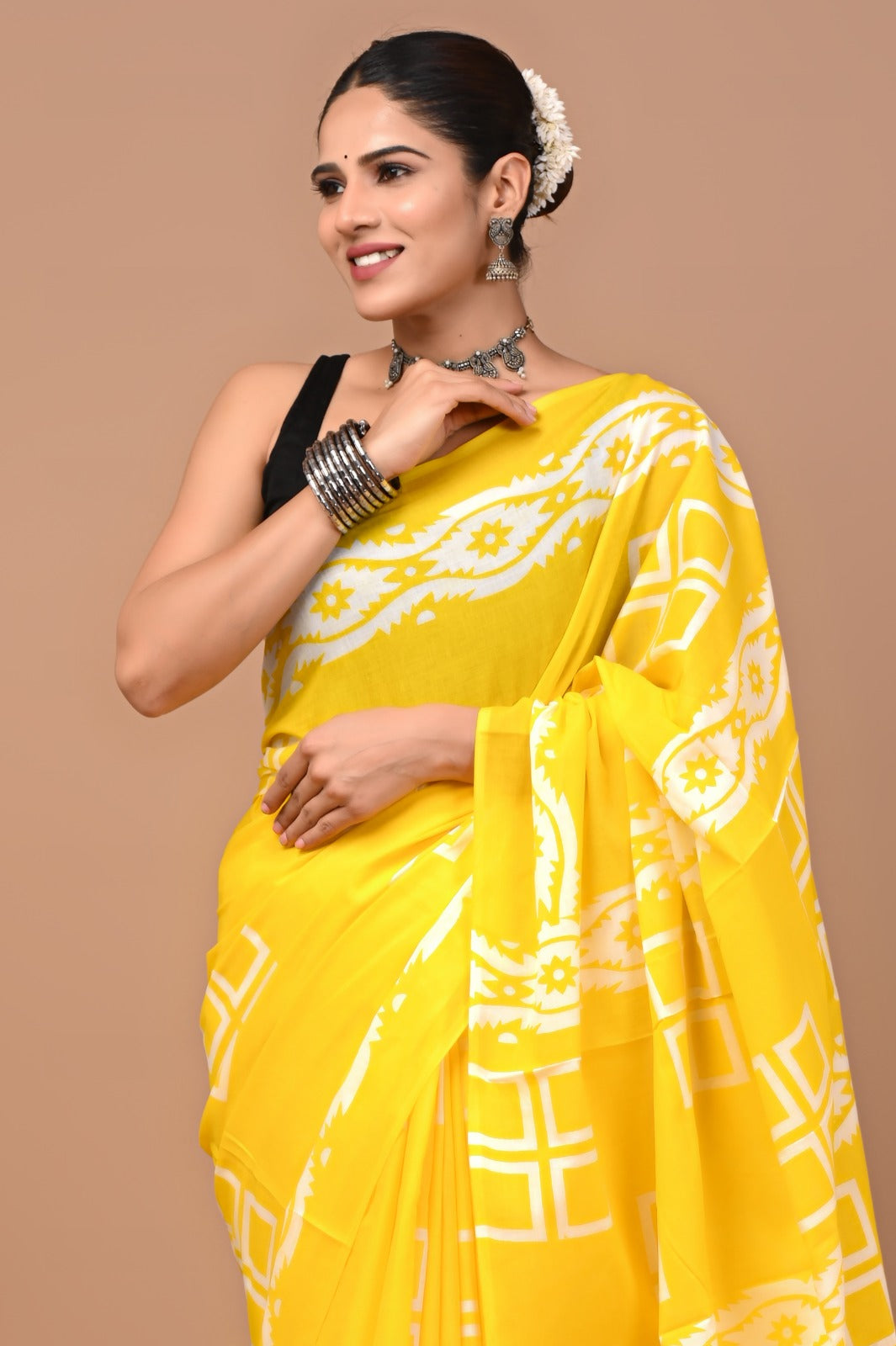 Jaipuri Printed Pure Cotton Mulmul Saree With Blouse