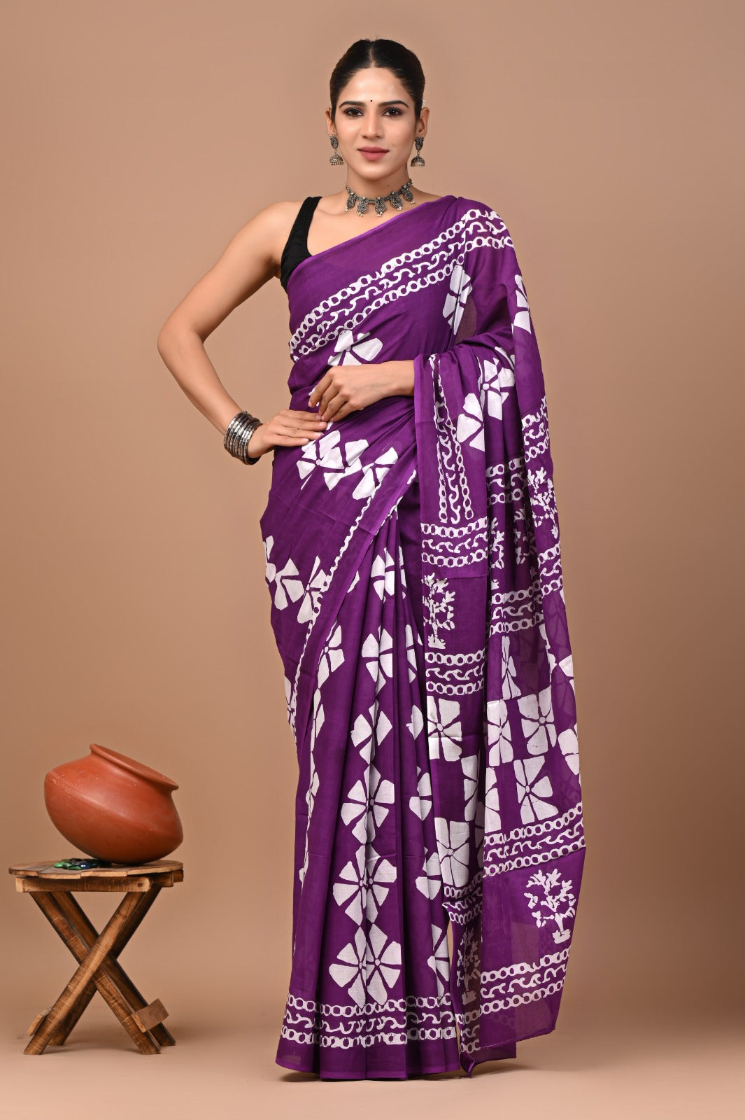 Jaipuri Printed Pure Cotton Mulmul Saree With Blouse