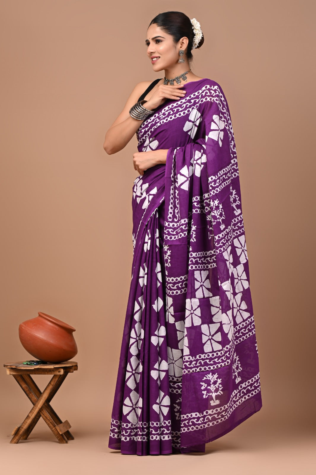 Jaipuri Printed Pure Cotton Mulmul Saree With Blouse