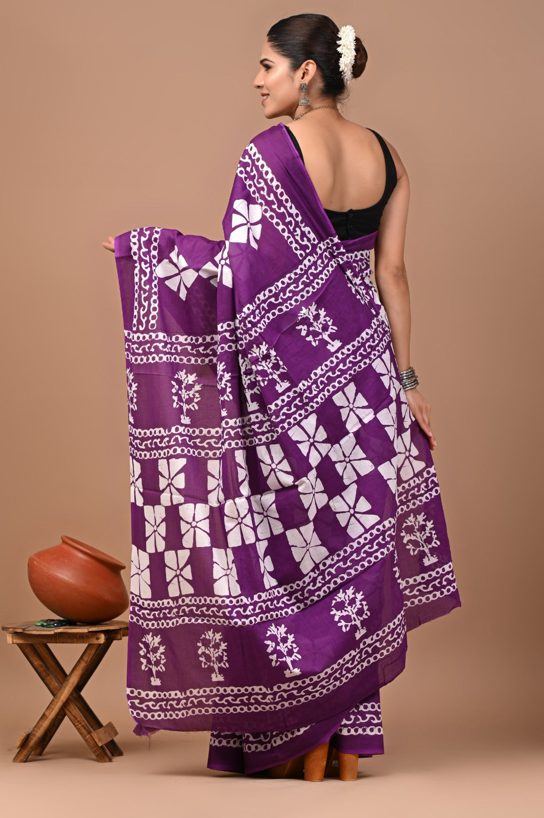 Jaipuri Printed Pure Cotton Mulmul Saree With Blouse