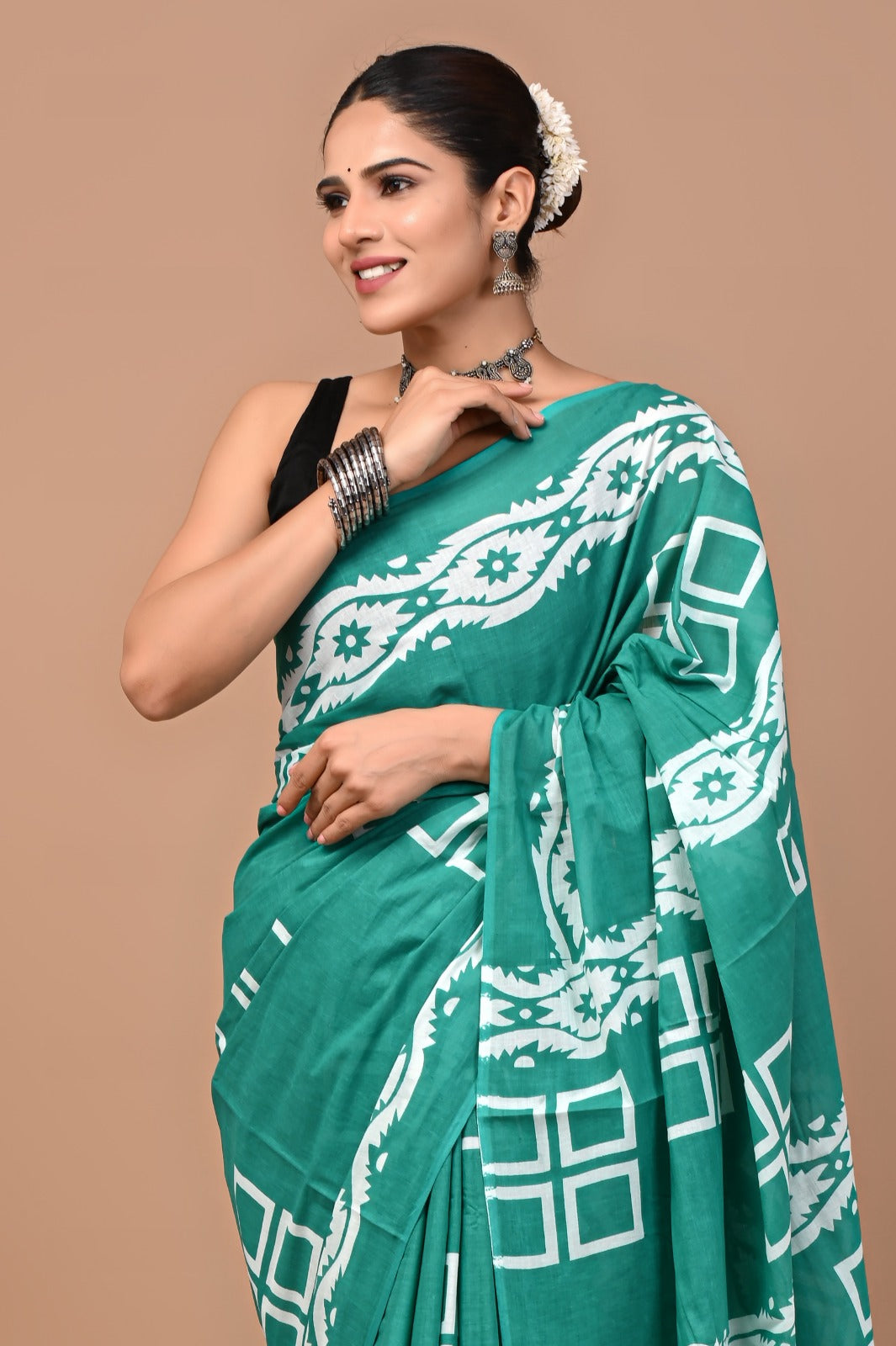 Jaipuri Printed Pure Cotton Mulmul Saree With Blouse