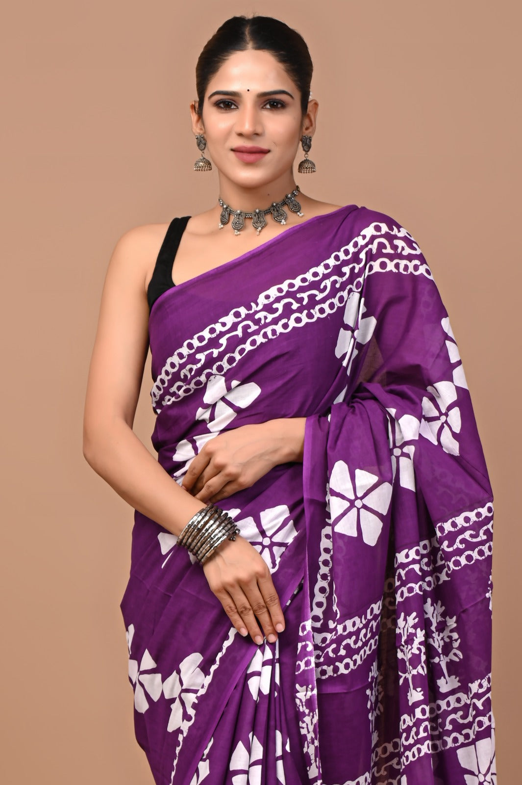 Jaipuri Printed Pure Cotton Mulmul Saree With Blouse