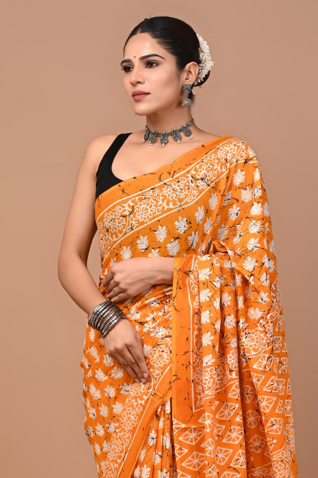 Jaipuri Printed Pure Cotton Mulmul Saree With Blouse