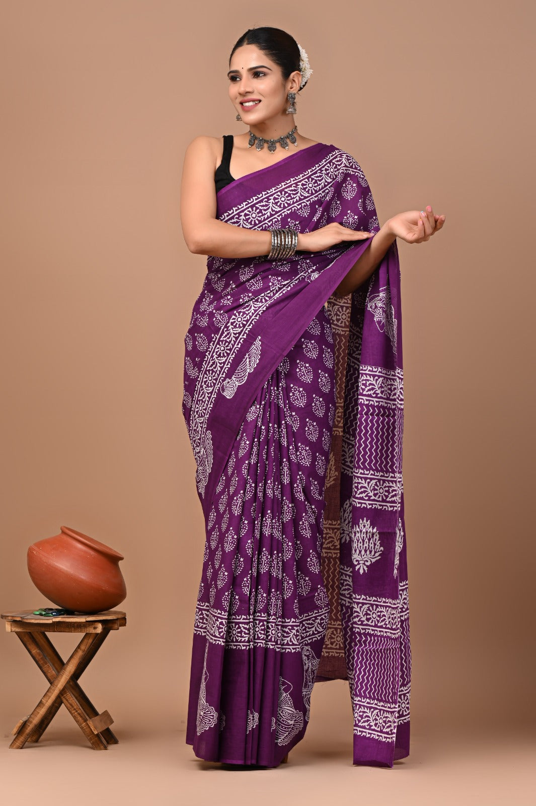 Jaipuri Printed Pure Cotton Mulmul Saree With Blouse