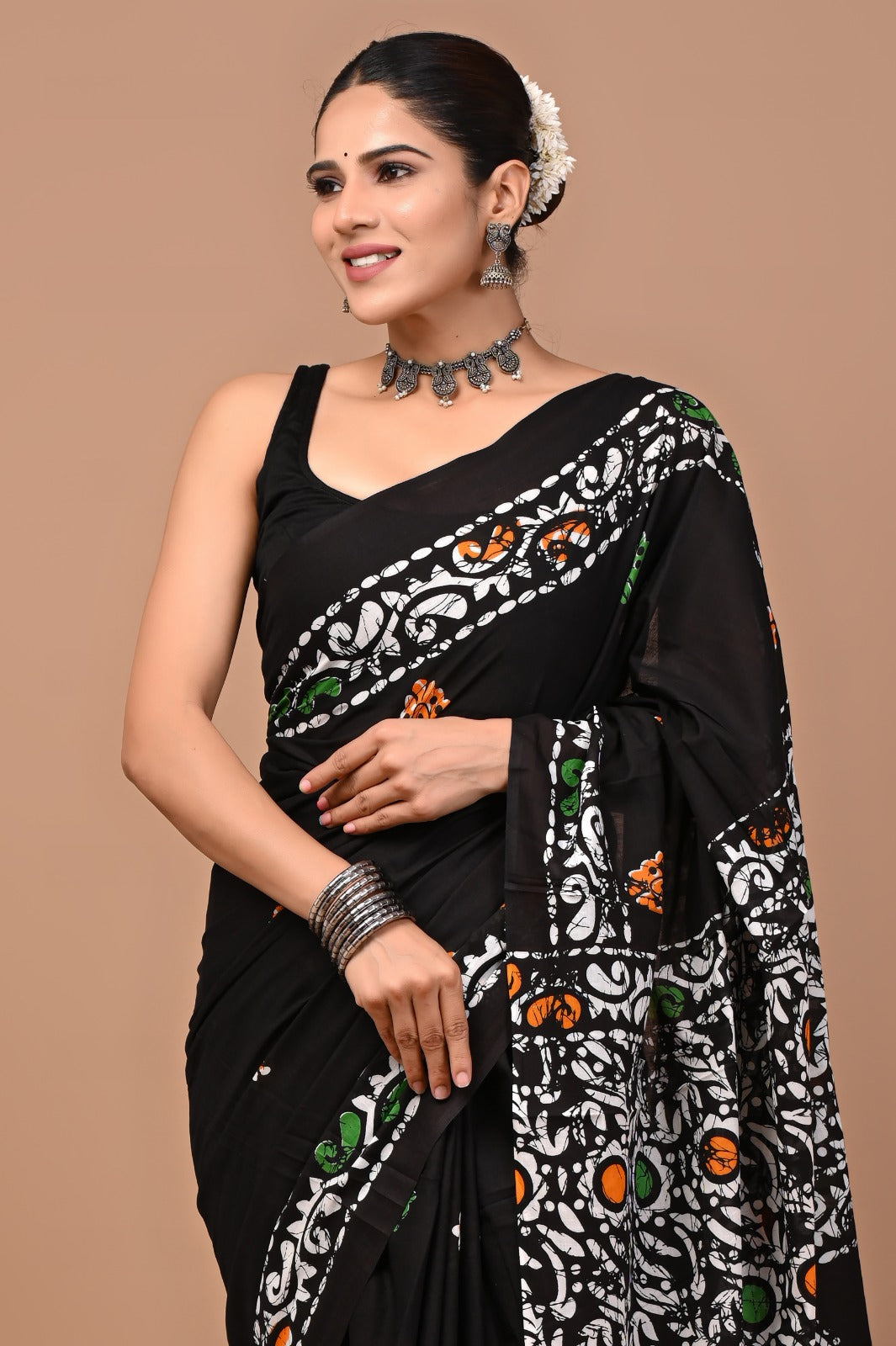 Jaipuri Printed Pure Cotton Mulmul Saree With Blouse