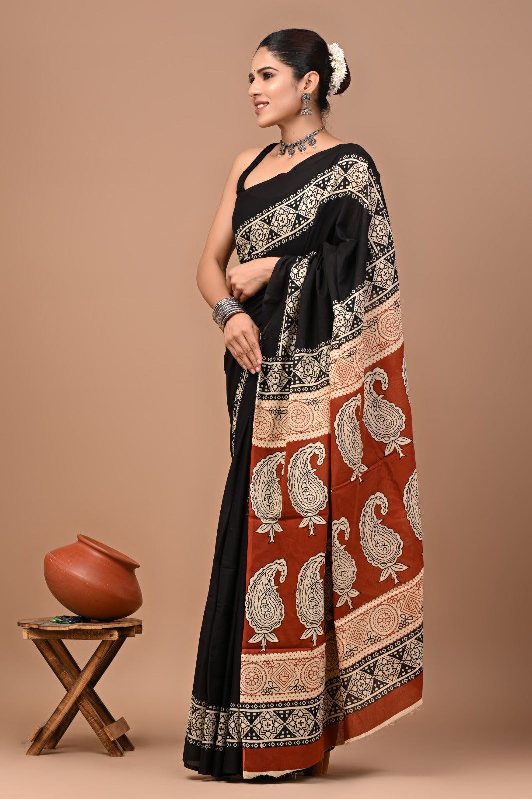 Jaipuri Printed Pure Cotton Mulmul Saree With Blouse