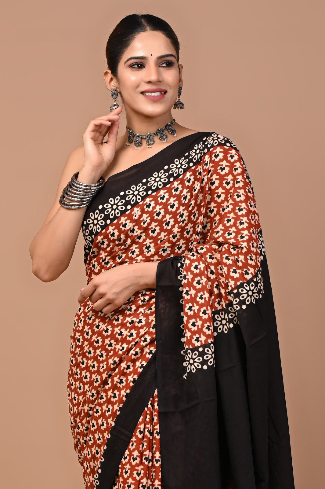 Jaipuri Printed Pure Cotton Mulmul Saree With Blouse