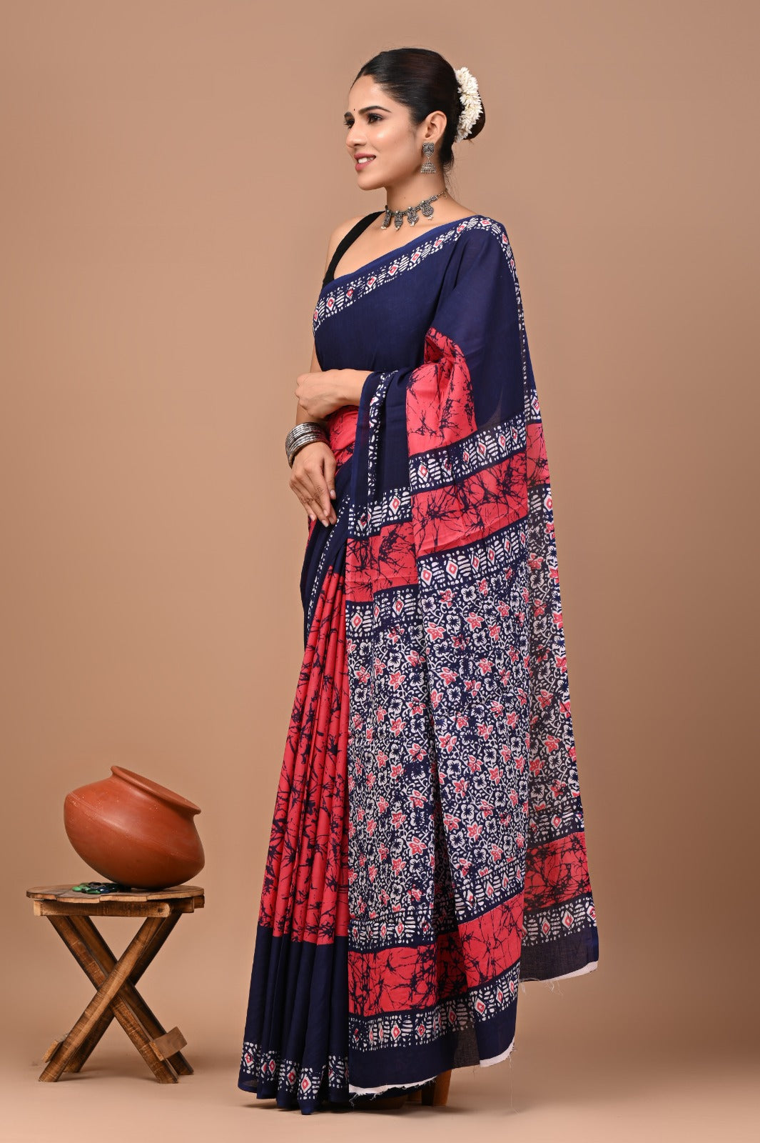 Jaipuri Printed Pure Cotton Mulmul Saree With Blouse