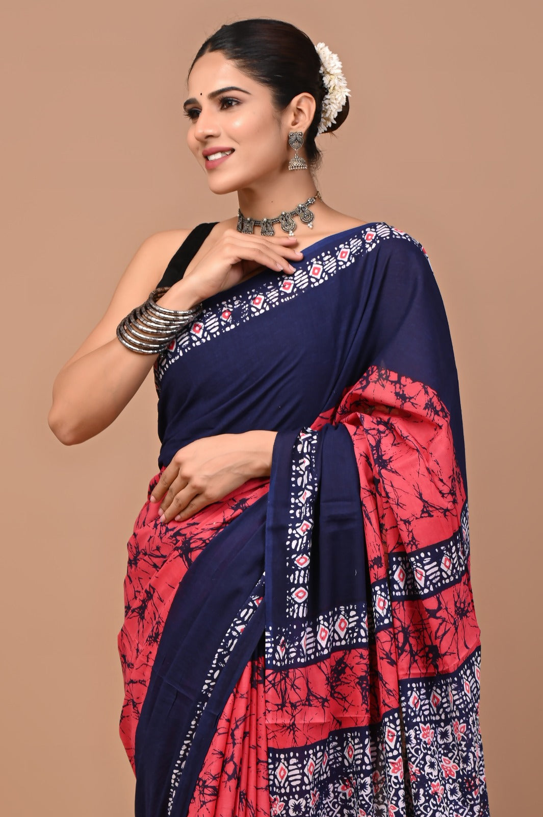 Jaipuri Printed Pure Cotton Mulmul Saree With Blouse