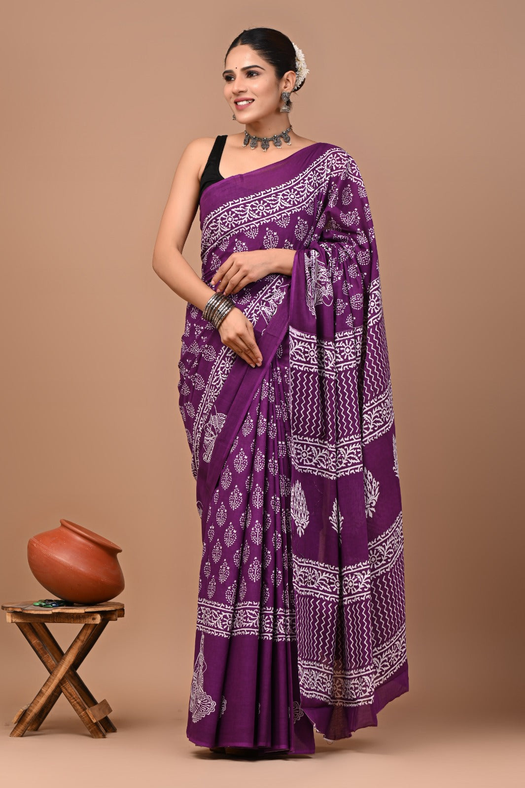 Jaipuri Printed Pure Cotton Mulmul Saree With Blouse