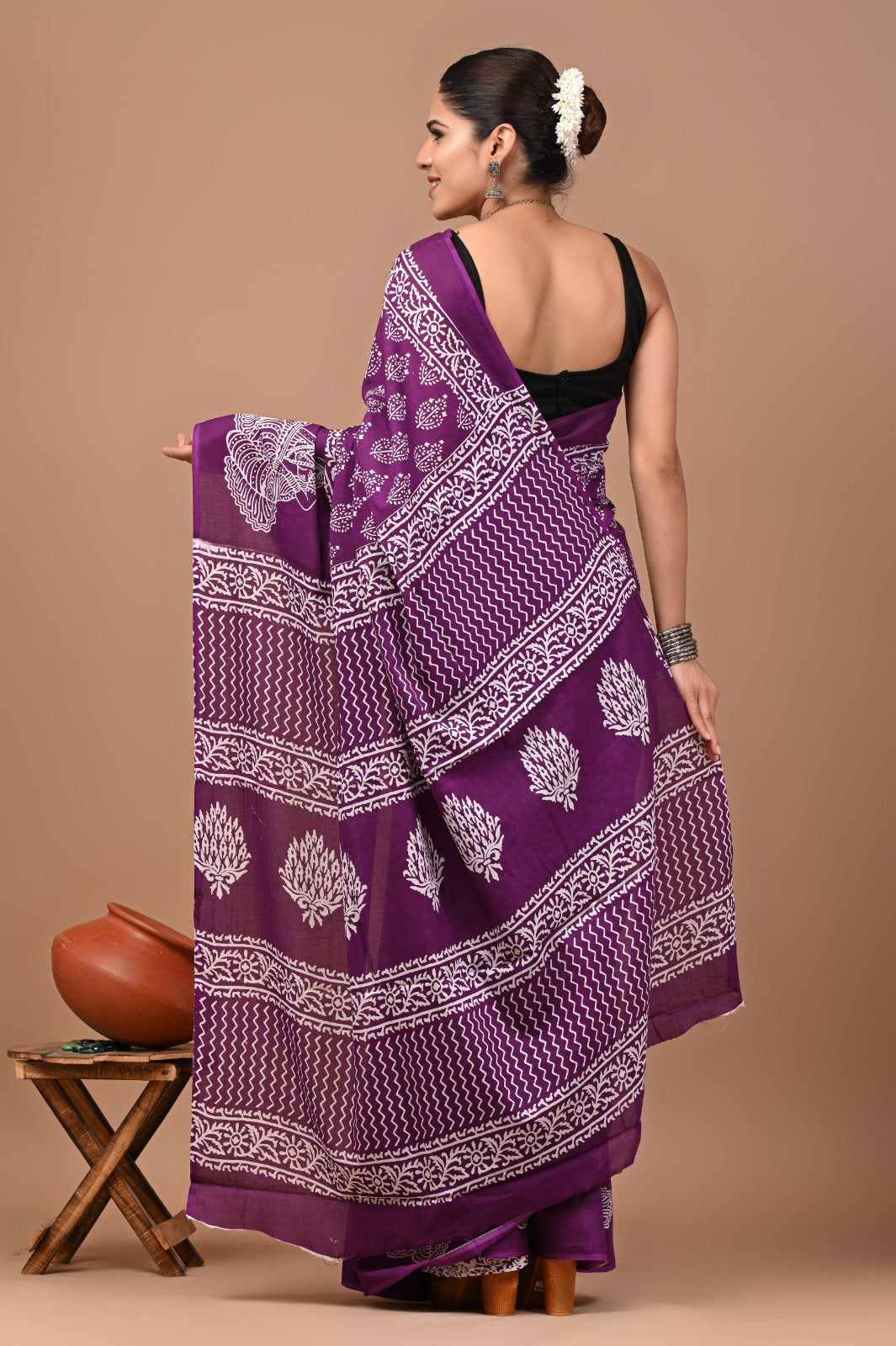 Jaipuri Printed Pure Cotton Mulmul Saree With Blouse