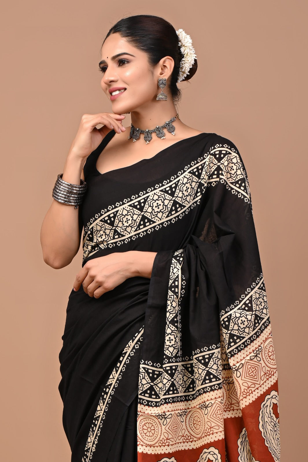 Jaipuri Printed Pure Cotton Mulmul Saree With Blouse