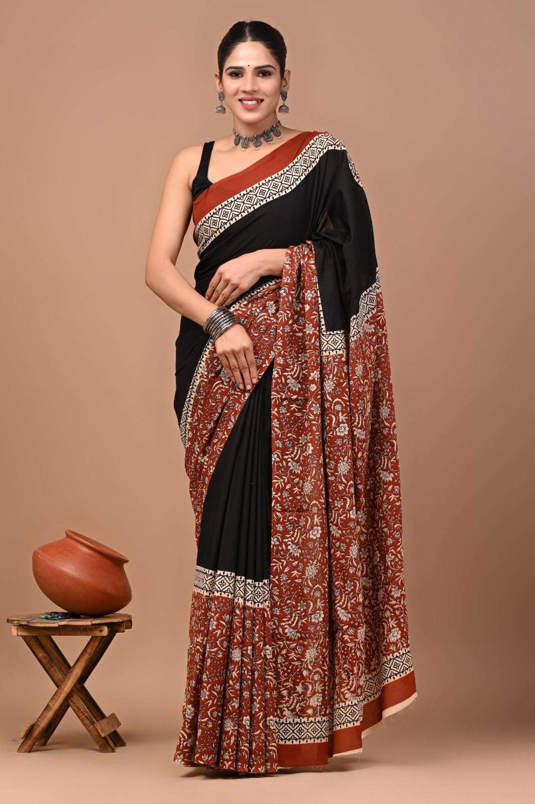 Jaipuri Printed Pure Cotton Mulmul Saree With Blouse
